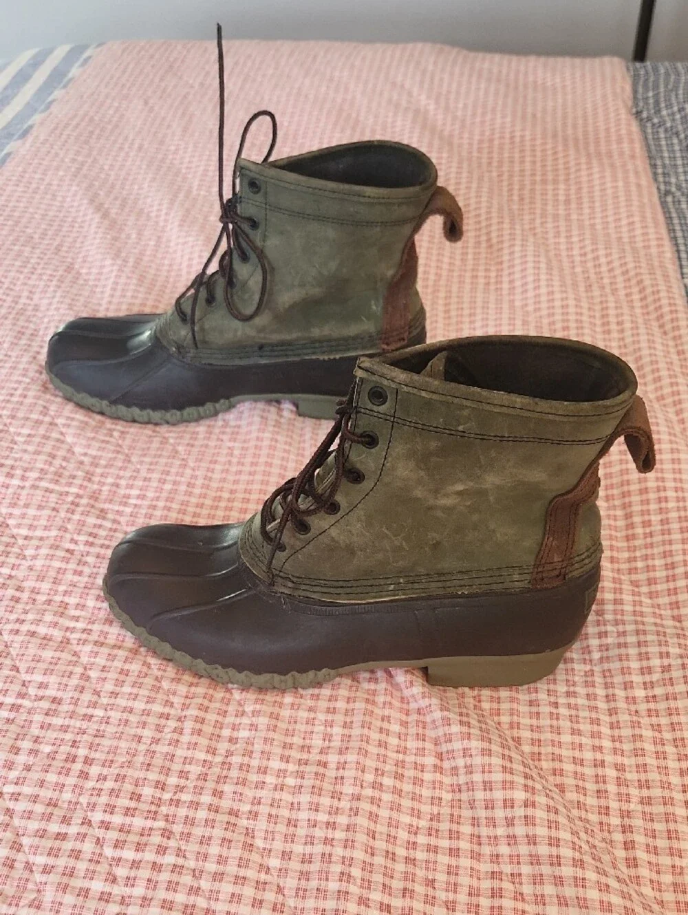 L.L. Bean Olive Green Black Brown Leather Rubber Duck Boots Lined 11M Fishing